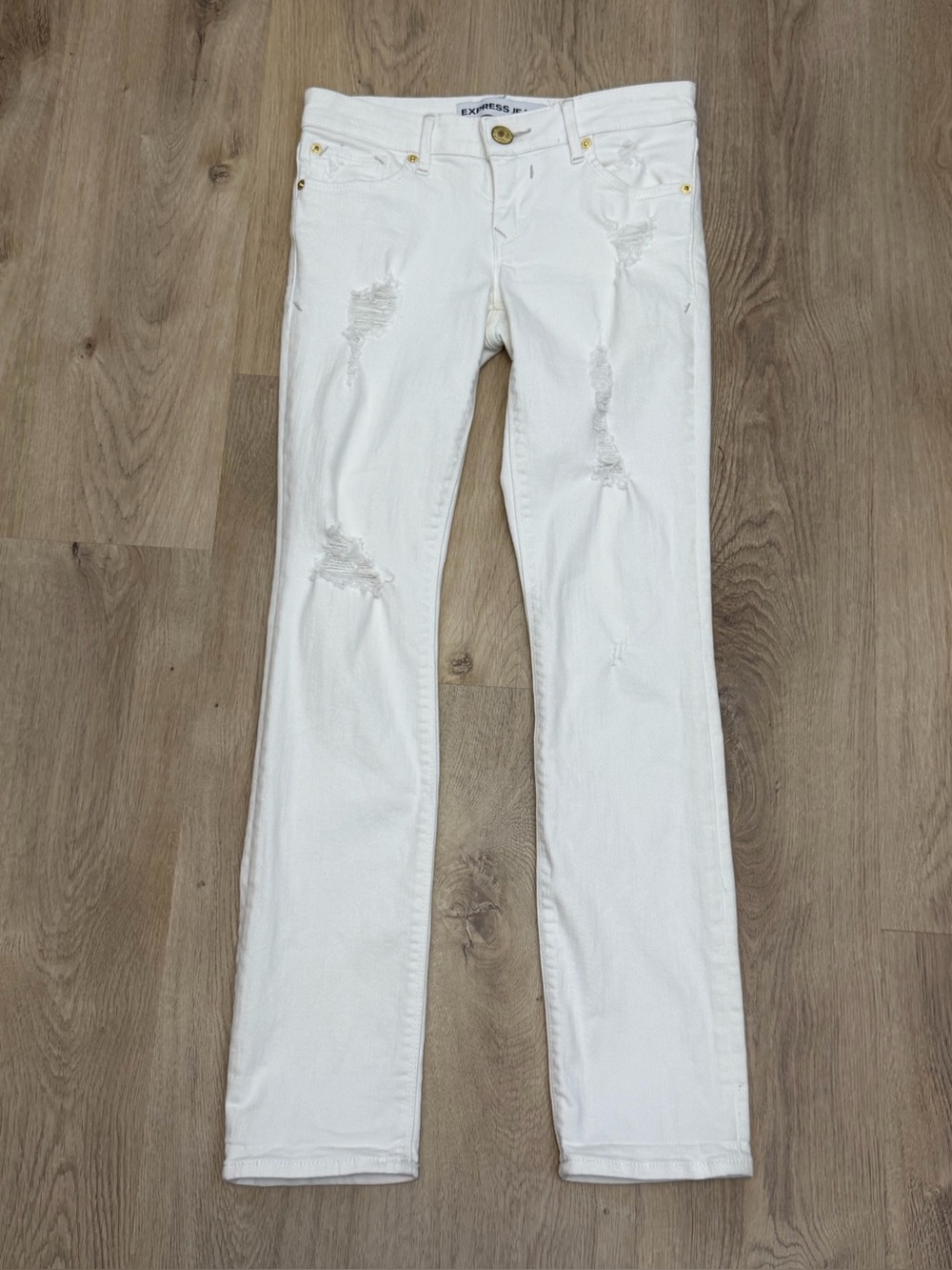 Express Stella Low Rise Ankle Skinny White Distressed Jeans